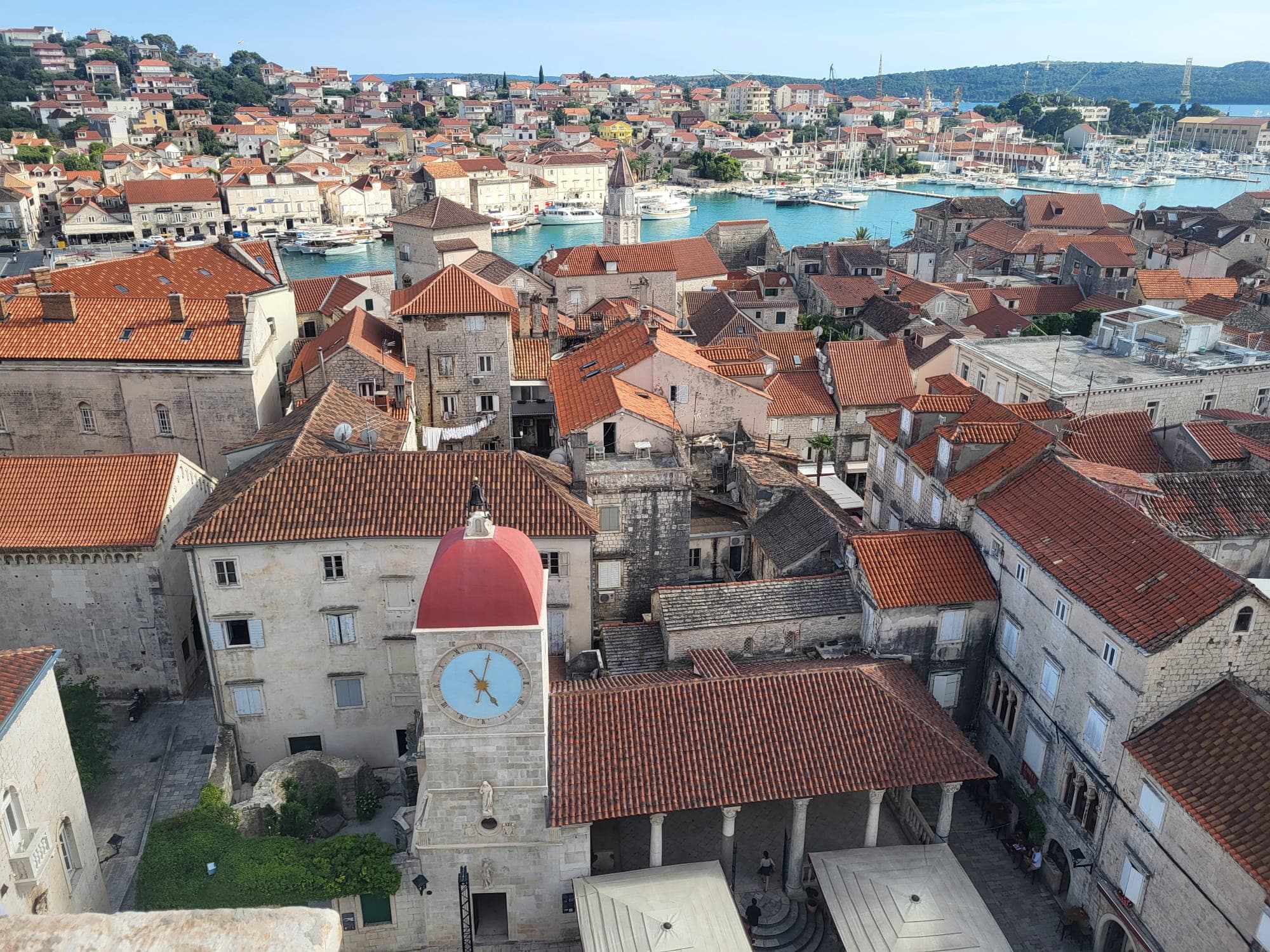 View from the Cathedral of St. Lawrence bell tower over Trogir Old Town and the Adriatic Sea